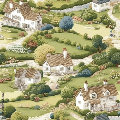 Seamless pattern, English countryside landscape and cottage country style print for wallpaper, wrapping paper, scrapbook, fabric and product design, generative ai