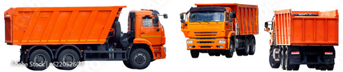 Big red dump trucks isolated on transparent background. PNG. A set of trucks located at different angles.