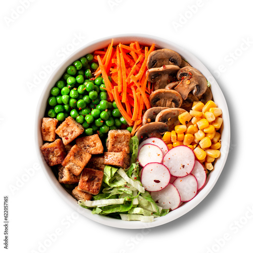 Isolated vegan buddha bowl with tofu cheese, colorful vegetables on base of brown rice.