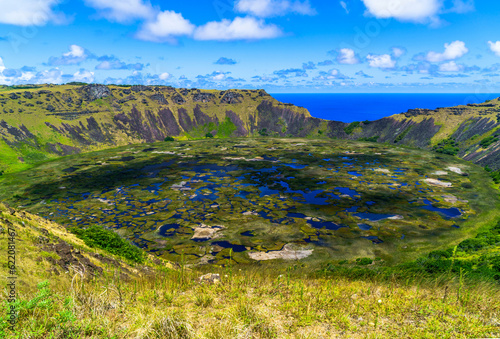 The crater of Rano Kau at Easter Island and The Pacific Ocean