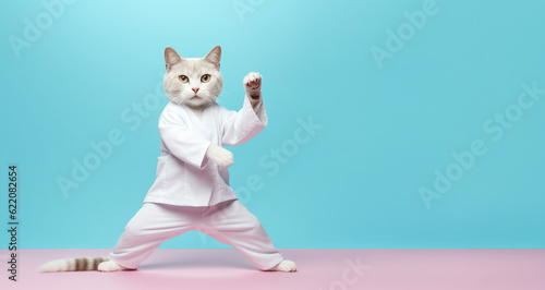 Funny cat in white kimono exercising yoga or Asian martial arts. Legs wide stance, paws in air. Banner with copy space on side. Generative AI
