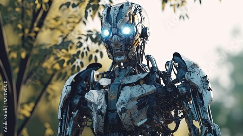 Big robot in forest. Robot with blue glowing eyes. Generative AI