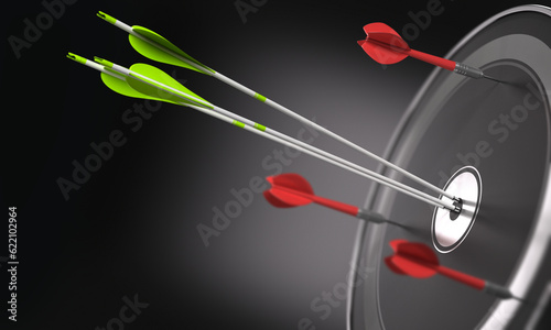 Three green arrows hitting the center of a black target and 3 darts out of the objective. Business strategy or competitive advantage concept. Space for text can be added on the left side of the image.