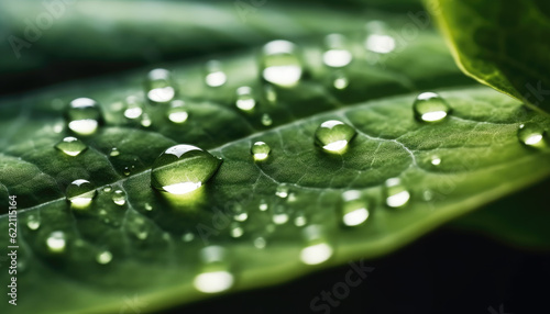 Vibrant green foliage leaf adorned with dewdrops, showcasing the beauty of nature's fragility. Generative AI