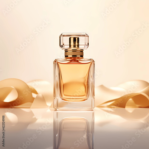 Dreamy commercial perfume photography: pastel background, flowers, soft lighting. 