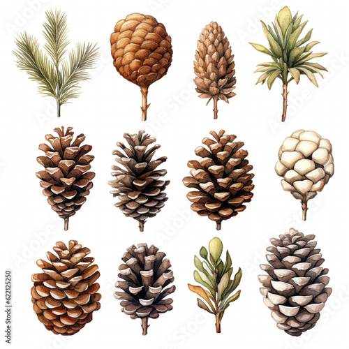 Watercolor pine cones set. Hand painted pine branch with cones isolated on white background. generative ai