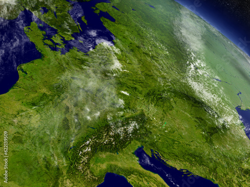 Central Europe with surrounding region as seen from Earth's orbit in space. 3D illustration with highly detailed planet surface and clouds in the atmosphere. Elements of this image furnished by NASA.