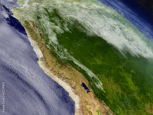 Peru with surrounding region as seen from Earth's orbit in space. 3D illustration with highly detailed realistic planet surface and clouds in the atmosphere. Elements of this image furnished by NASA.