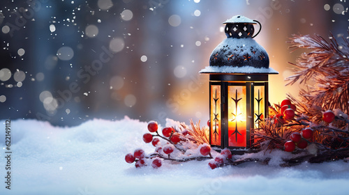 Winter Glow Christmas Lantern on Snow with Fir Branch in the Sunlight - Captivating Winter Decoration Background, created with Generative AI