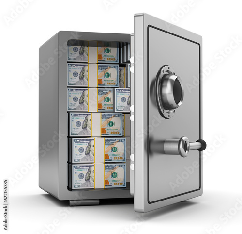 3d illustration of steel safe full of dollars