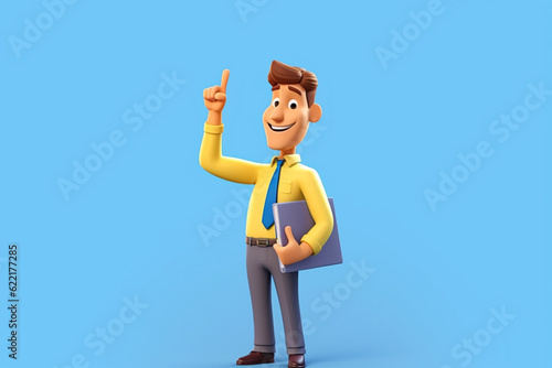 3d Cartoon character young caucasian man isolated on blue background, Smart guy wears yellow shirt, blue tie, holds clipboard, looks at camera with index finger up, Recommendation concept
