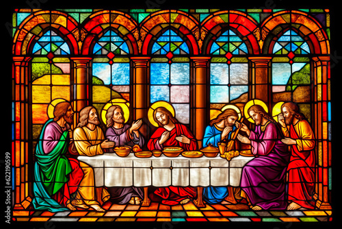 Breathtaking depiction of the Last Supper, Jesus and apostles in vivid stained-glass of a Catholic cathedral. Deeply emotive catechism. Generative AI