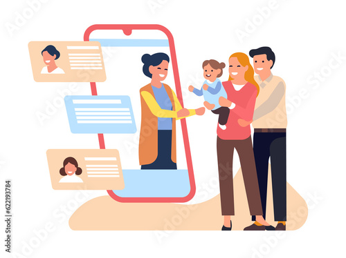Man and woman with baby choose nanny online. Professional babysitter candidate on smartphone screen, parent hold child. Agency application, cartoon flat style isolated png concept