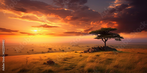 African savannah view at sunset. Generative AI