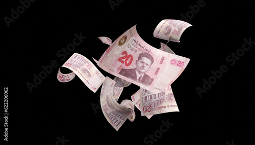 Money stack. Tunisian twenty dinars bills. Falling money isolated, dinar bill black background 3d render