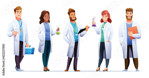 Set of male and female scientist characters in cartoon style