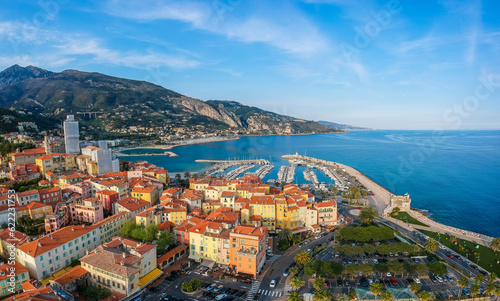 Aerial view colorful old town Menton and sea. French Riviera, France