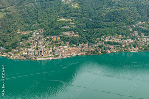 Panoramic aerial view of Campione d'Italia, and Lake Lugano