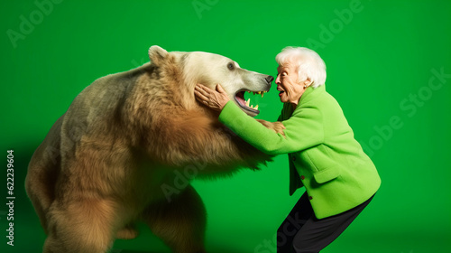 Emotive depiction of elderly woman embracing wild bear in studio, symbolising her cantankerous old husband. Generative AI