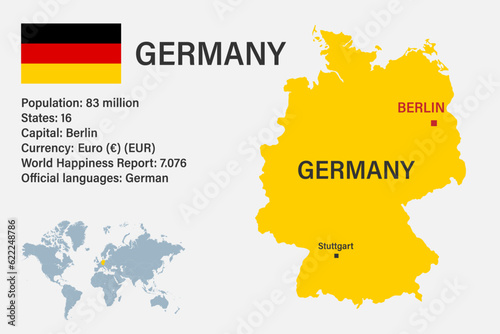 Highly detailed Germany map with flag, capital and small map of the world