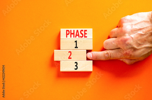 Time to phase 2 symbol. Concept word Phase 1 2 3 on wooden block. Businessman hand. Beautiful orange table orange background. Business planning and time to phase 2 concept. Copy space.