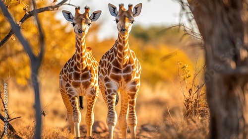 Curious baby giraffes as they embark on explorations of their surroundings. With their endearing clumsiness and adorable expressions. Generated by AI.
