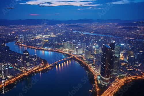 Aerial view of the capital at night, city skyline, illuminated city lights