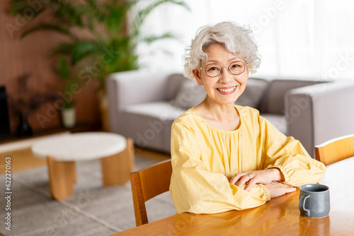 老眼鏡をかけたシニア女性のポートレート/ひとり人暮らしを楽しんている