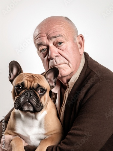 senior man with his dog. Studio shot. similarity between owner and pet. AI generative