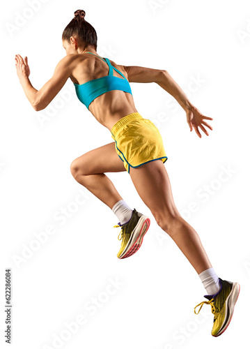 Side view image of young musuclar woman, professional runner, athlete in motion, training isolated over transparent background