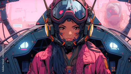 Female anime character, mech combat pilot. Created with Generative AI.