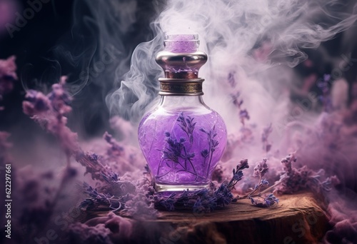  Generative AI, A bottle of essential oil with fresh lavender twigs withh smoke on dark background, herbal oil and flowers