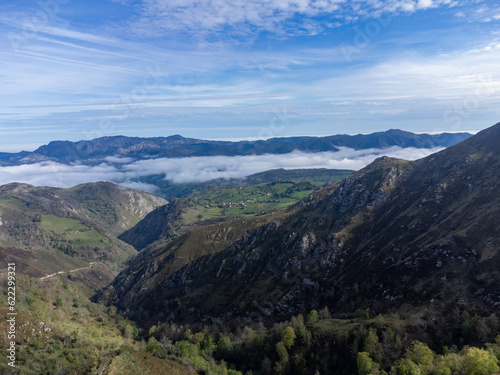 View from narrow mountain road from Cangas de Onis, Covadonga to remote mountain lakes Lagos de Covadonga, Picos de Europa mountains, Asturias, North of Spain