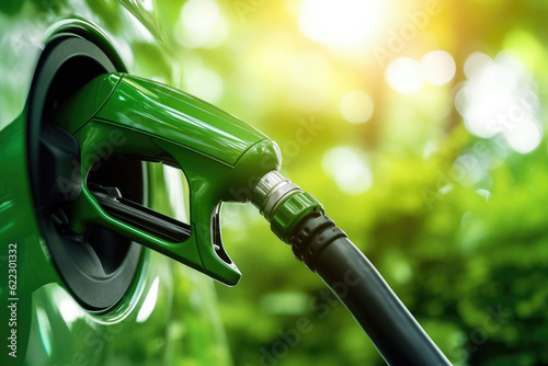 Close up view of a green colored gasoline hose refuel filling up a tank of a green car with beautiful bokeh. synthetic fuel, emission-free fuel concept. Generative AI