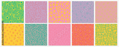 Collection of vector alphabet patterns. Stylish color vibrant backgrounds with Latin letters. Trendy textile bright prints