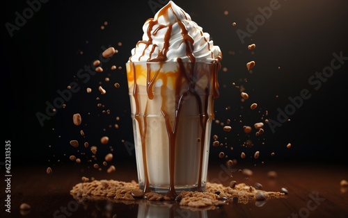 A refreshing caramel frappuccino topped with whipped cream and drizzled with caramel sauce, Generative Ai
