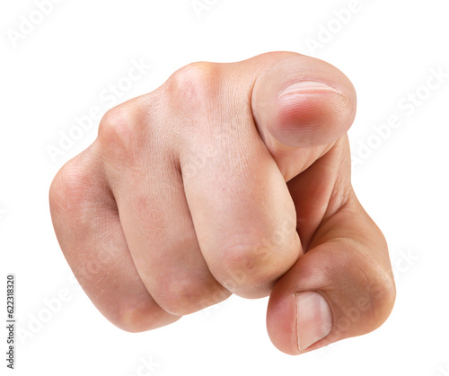 Index finger shows straight, a man's hand on a white background. Isolated