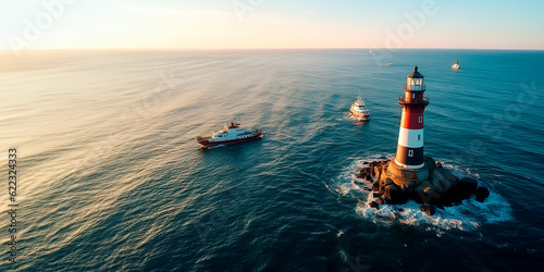 A lighthouse guiding a ship at sea