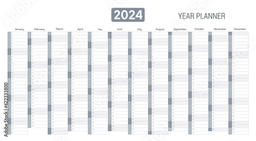 Annual planner, 2024 year wall calendar for monthly and daily agenda. Blank gray planner template with twelve months, vector illustration