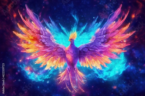 digital painting of phoenix in the blue purple flames, reborn and more powerful, artistic digital painting mythological bird concept, created with Generative Ai Technology
