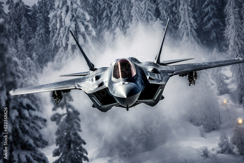 Military aircraft Fighter maneuvers in a winter snowstorm over a winter forest. AI generated.