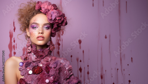 Wunderschönes Frauen Gesicht im Haar und am Hals mit rosa Blumen und Blüten dekoriert Poster Nahaufnahme, ai generativ