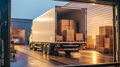 Optimizing Delivery: Boxes Packed and Loaded onto a Large Truck outside the Warehouse, Generative AI