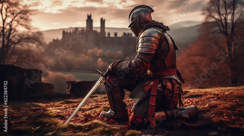 AI generated illustration of a knight in full medieval armor on knees atop a grassy hill