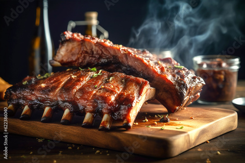 Delicious barbeque pork ribs glazed with sticky spicy sauce on wood cutting board. Traditional American cuisine dish. Hearty comfort food