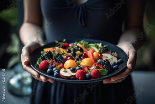 AI generated illustration of a female holding a platter of colorful fruits