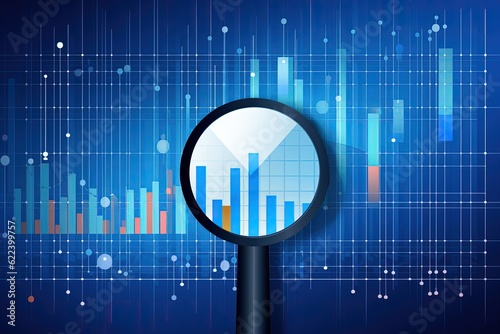 Magnifying glass analyzing bar charts on blue background, Data graphics, Generative AI 