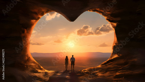 A couple in love in the middle of a big heart against the backdrop of a sunset.