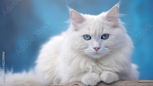 White fluffy cat with bright blue eyes on a blue background. AI generation