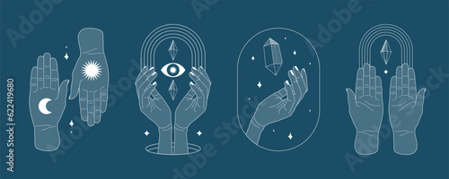 Esoteric illustrations of hands holding crystal gem, outline icons. Magic esoteric concept. Modern vector set of illustrations. Transparent line art. Minimalistic stickers design for web and print.